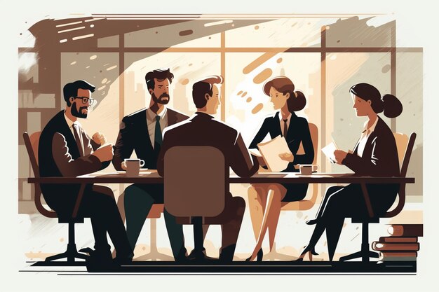 Illustration of a group business people sitting at table generative ai