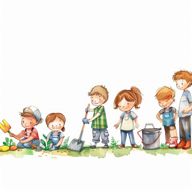 Illustration of a group of children gardening together on a white background