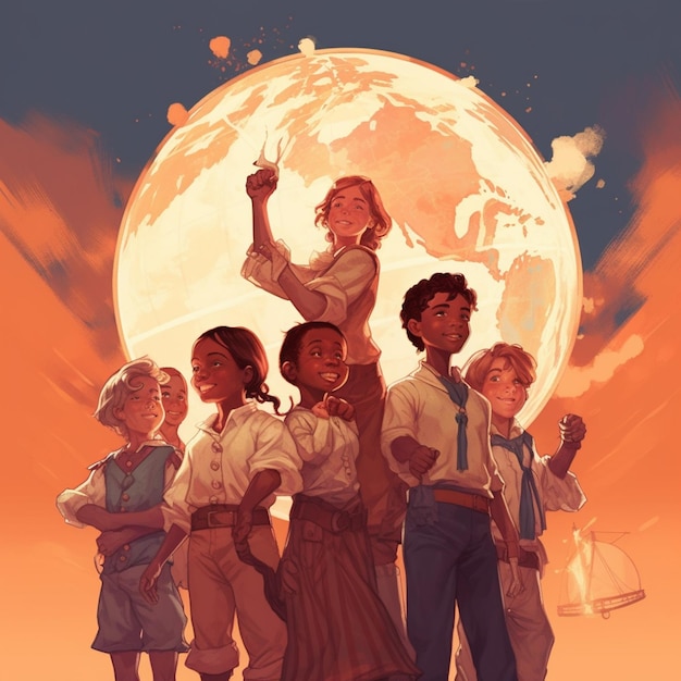 Illustration of a group of children standing in front of a full moon generative ai