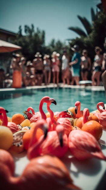 Illustration of a group of friends in swimwear enjoying a pool in Ibiza