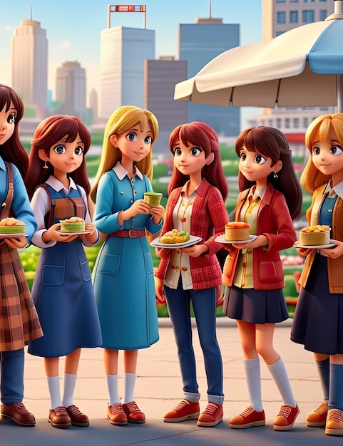 Illustration of a group of girls eating at a street food market