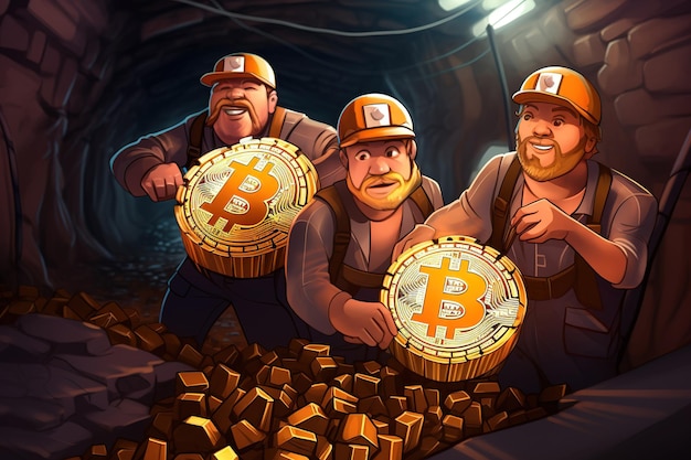 Illustration of a group of miners in a mine with the bitcoin symbol Bitcoin mining concept Blockchain concept Halving 2024