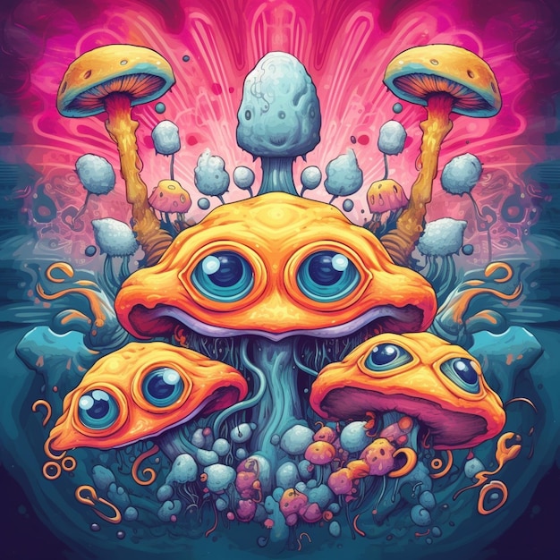 Illustration of a group of mushrooms with eyes and tentacles generative ai