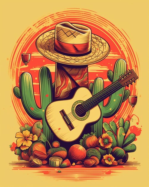 illustration of a guitar and a hat with a cactus in the background generative ai