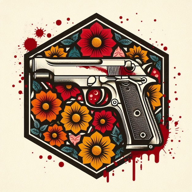 illustration of gun and flower vintage style