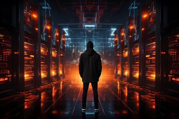 Illustration of a hacker standing among illuminated servers Generative Ai