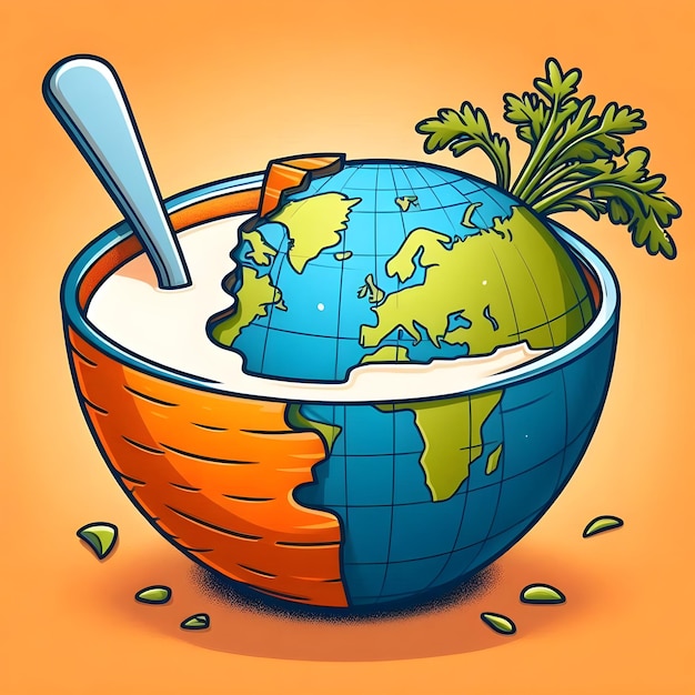 A illustration of half world map ball as like bowl in to the illustration of carrot milk pack