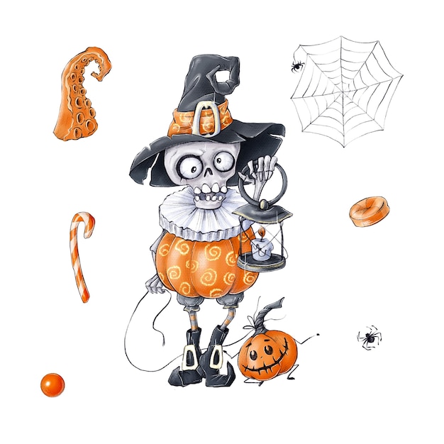 Illustration halloween character skeleton and elements