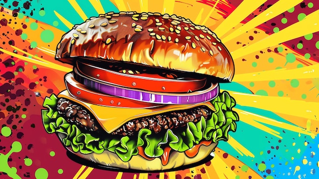 An illustration of a hamburger with a colorful background