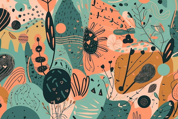 Illustration of hand drawn shapes and doodles in trendy green and orange colors