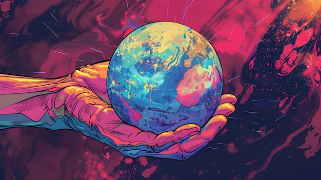 Photo illustration of hand holding earth globe in the style of cyberpunk colorfully design