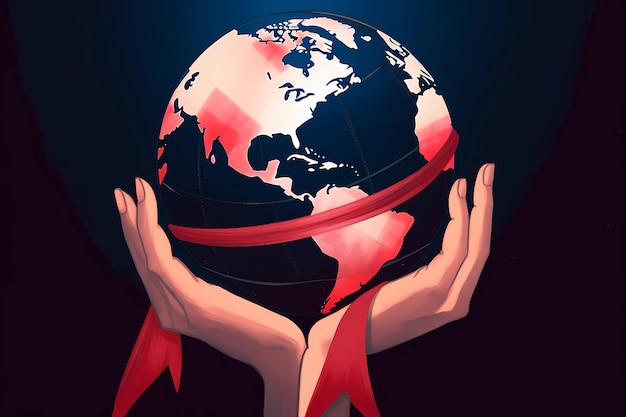 An illustration of a hand holding a globe with a red ribbon wrapped around it Generative AI