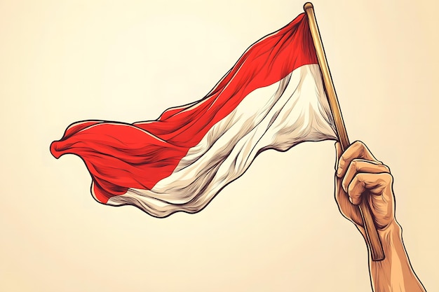 illustration of a hand holding red and white Indonesian flag