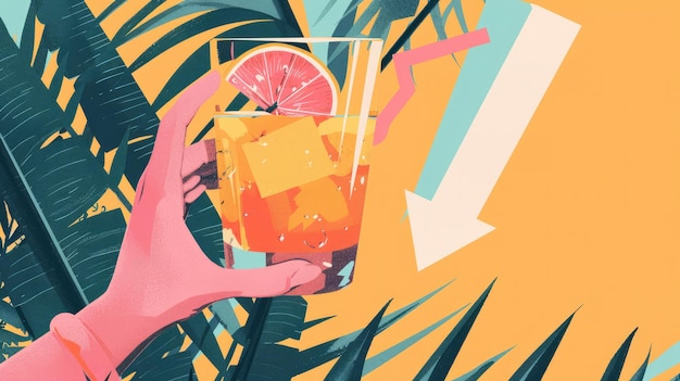 Photo illustration of a hand holding up an orange cocktail with a green leaf and pink straw with check mark