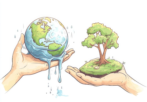 Photo illustration of hands holding earth a water bowl and a tree representing environmental conservation