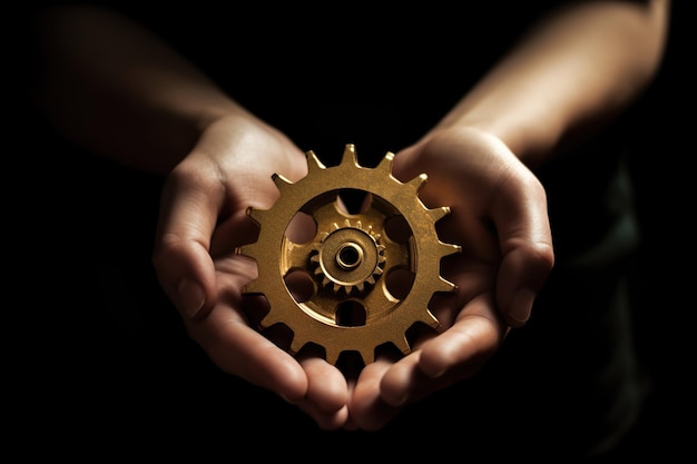 Illustration of hands holding metal round cogwheel