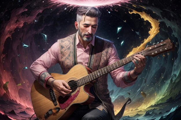 Illustration of a handsome man playing guitar and singing colored wallpaper background