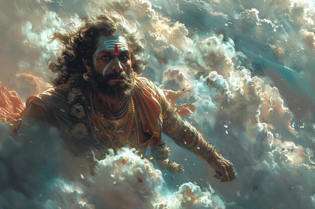 An illustration of Hanuman flying through the clouds