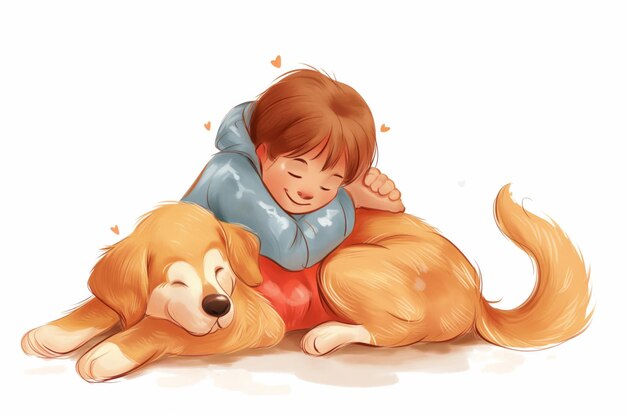 Illustration of a happy child hugging a loving gentle dog with hearts around them