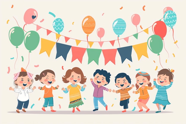 Illustration of happy children holding hands and dancing under falling confetti and colorful balloons