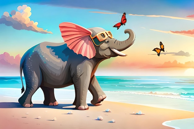 An illustration of a happy elephant rejoicing at a butterfly on a beach by the sea generated by AI