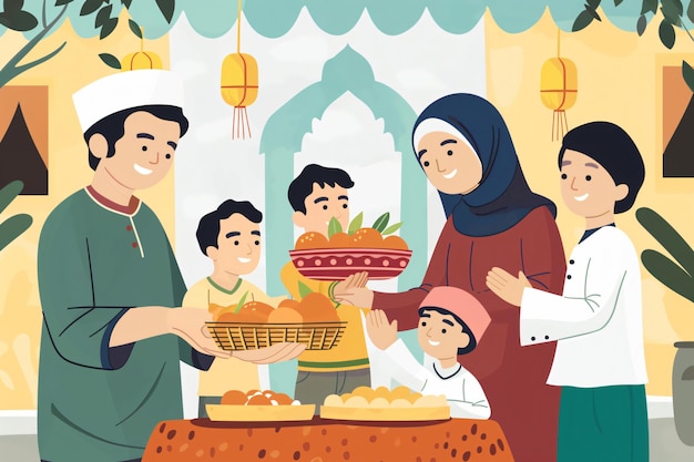 Illustration of a happy family giving food and fruits during Ramadan eid mubarak celebrations at home