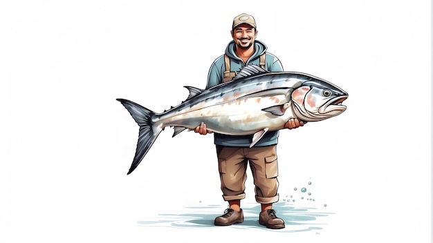 Illustration of a happy fisherman angler holding big tuna fish world tuna day Generative AI