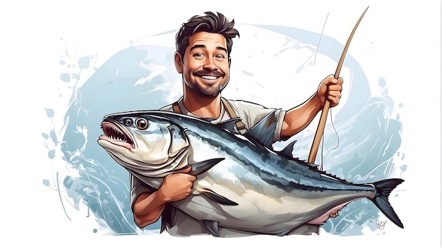 Illustration of a happy fisherman angler holding big tuna fish world tuna day Generative AI