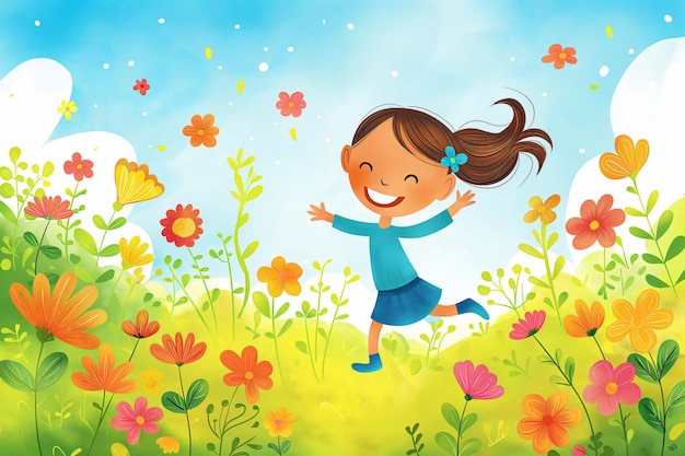 Illustration of a happy little girl running through a field of flowers with a big smile on her face