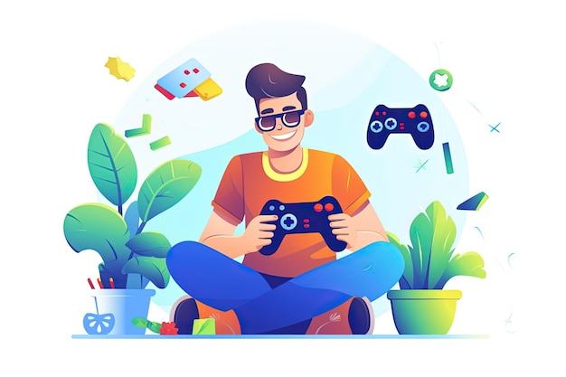 Illustration happy man playing video game Gamer Human happiness smile on face