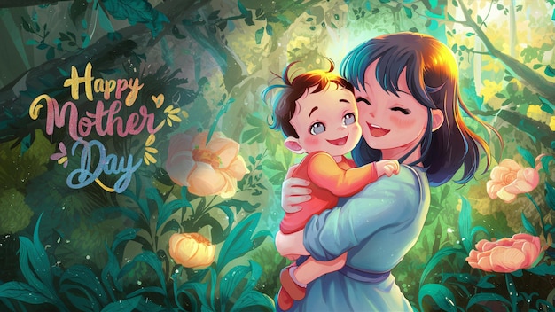 Illustration of happy mothers day Mother holding son floral background Generative AI