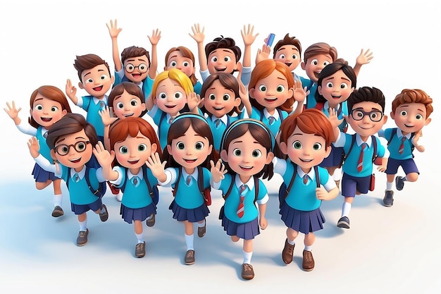 Illustration of Happy school kids cartoon waving hand