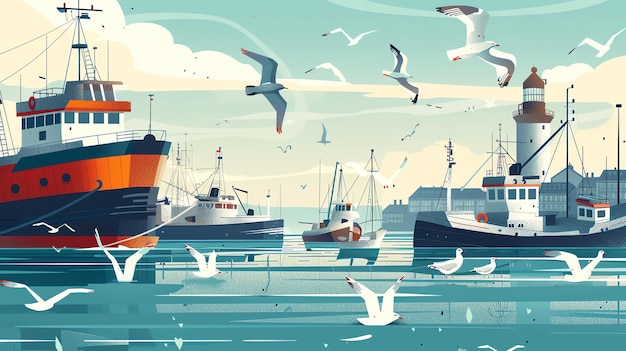 An illustration of a harbor with boats and seagulls