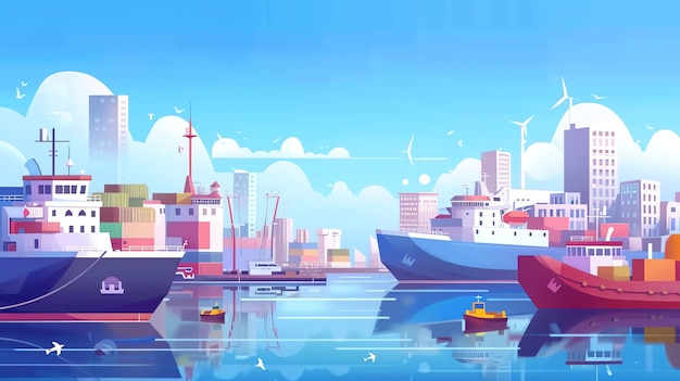 An illustration of a harbor with ships docked and a cityscape in the background