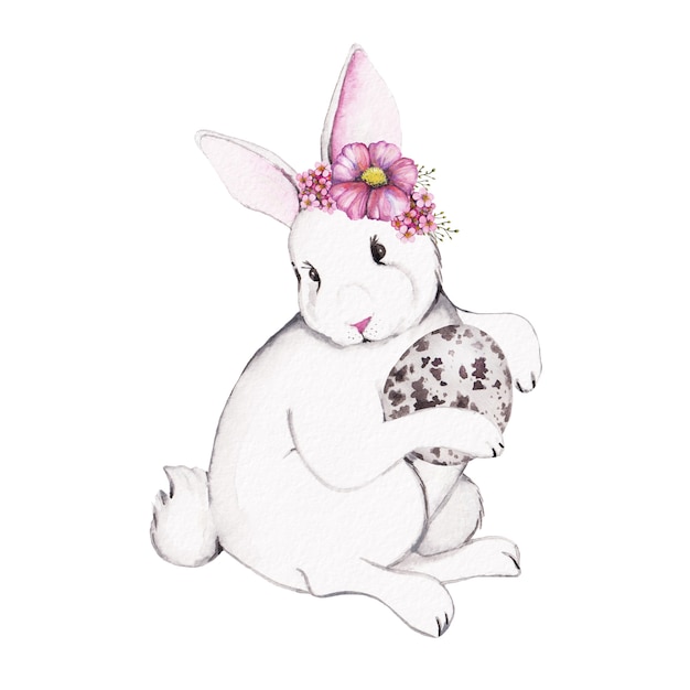 Illustration of a hare, easter bunny with egg, quail egg, white hare, easter