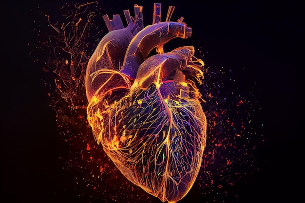 Illustration of heart human organ in neon color on black background ai