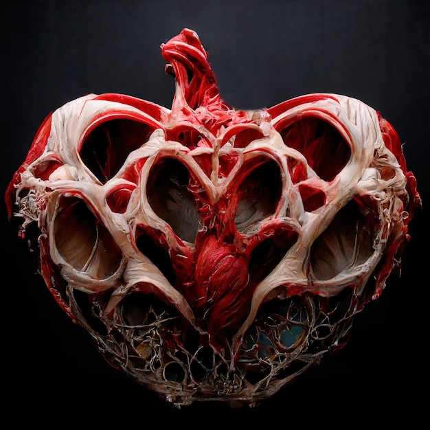 Illustration of heart organ with valves veins on black background