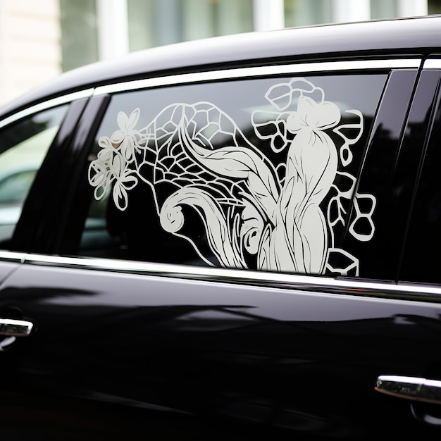 Photo illustration of heavy outline white decal stickers on black car wind