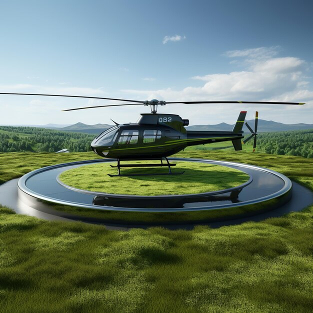 Photo illustration of helipad green grass village helicopter canon