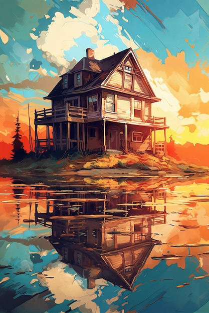 An illustration of a home near a lake and water