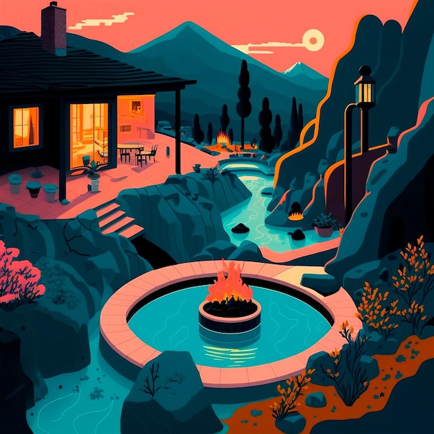 Illustration of hot springs in mountain