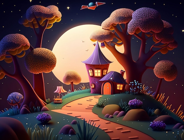 Illustration of a house in a forest with a moon and stars