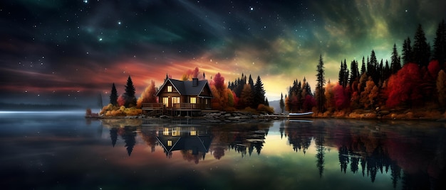 Illustration of a house in the middle of an island in autumn