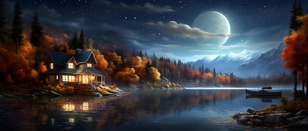 Illustration of a house in the middle of an island in autumn