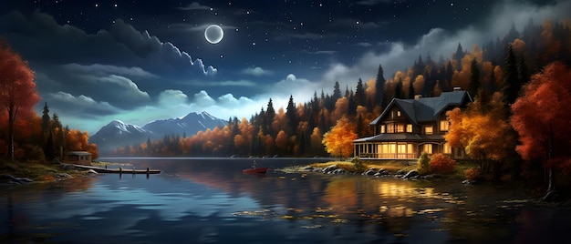 Illustration of a house in the middle of an island in autumn