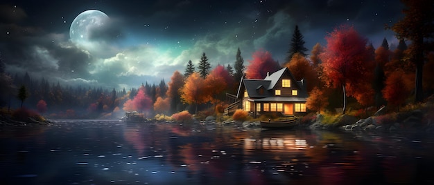 Illustration of a house in the middle of an island in autumn