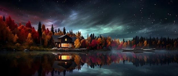 Illustration of a house in the middle of an island in autumn