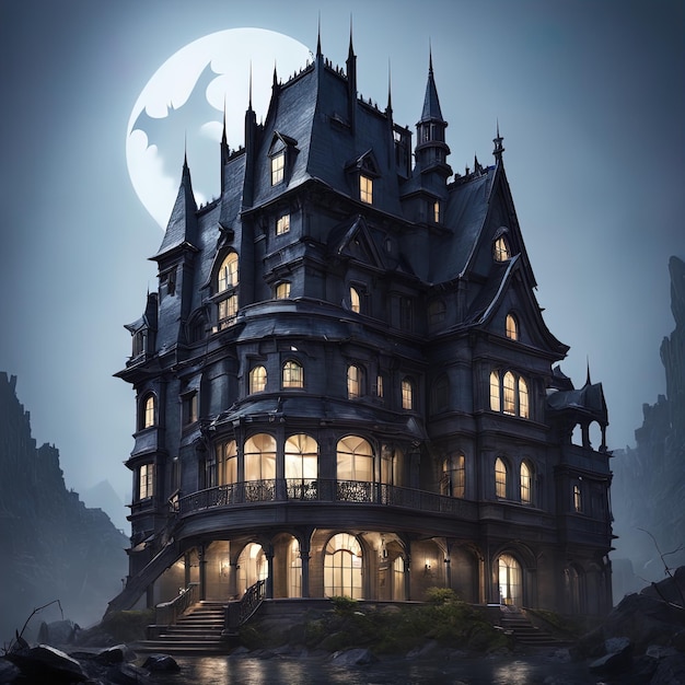 illustration of a house in the mountainshalloween castle with a moon in the night