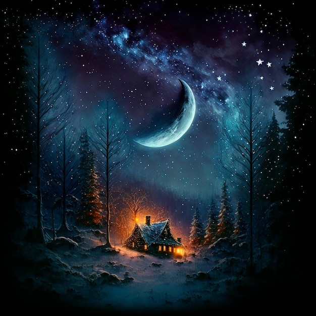 Illustration of a house in a night forest among tall trees in the moonlight