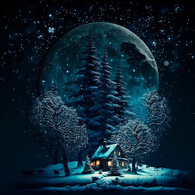 Illustration of a house in a night forest among tall trees in the moonlight